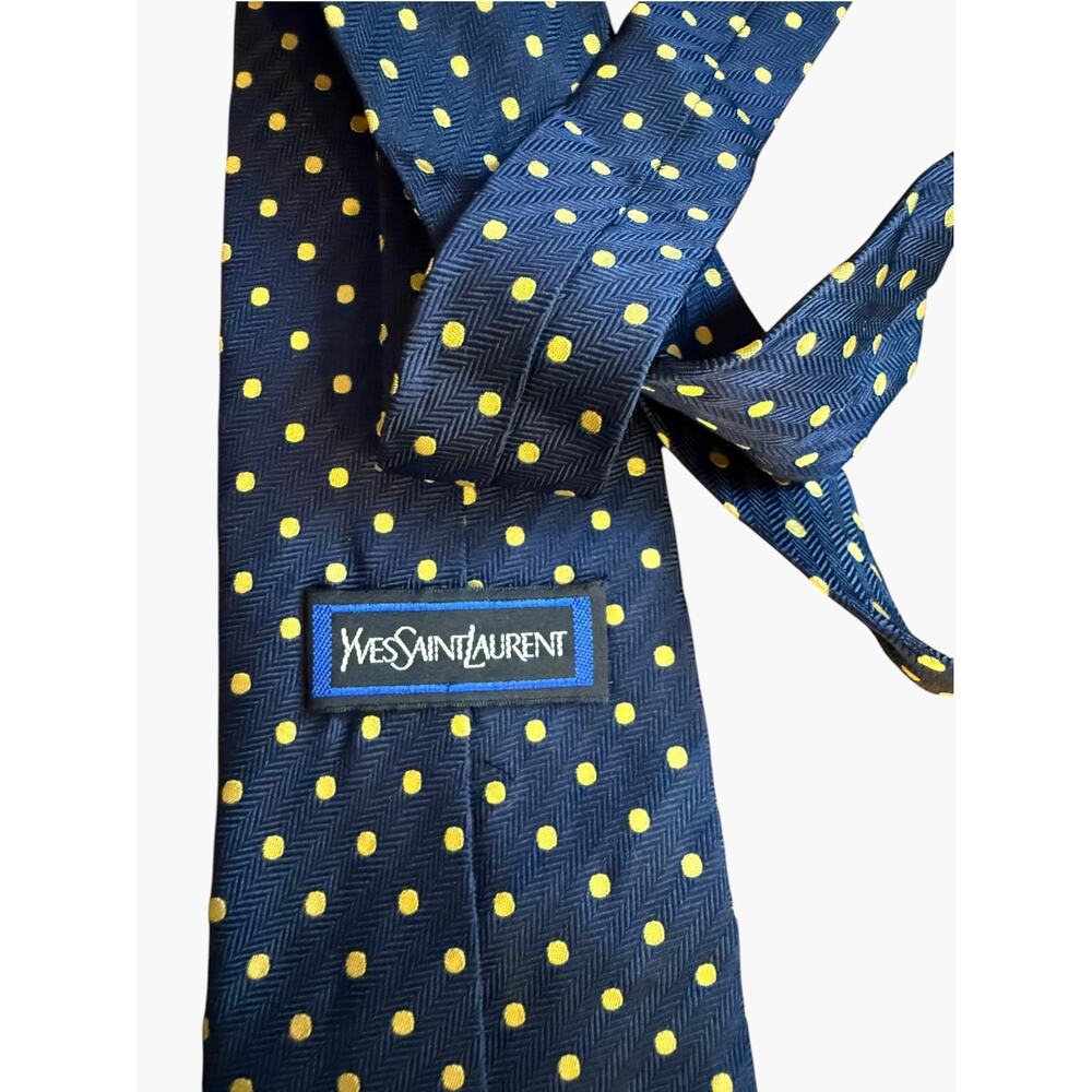 Vintage Yves Saint Laurent YSL Tie 100% Silk Italy Navy Yellow Polka Dot